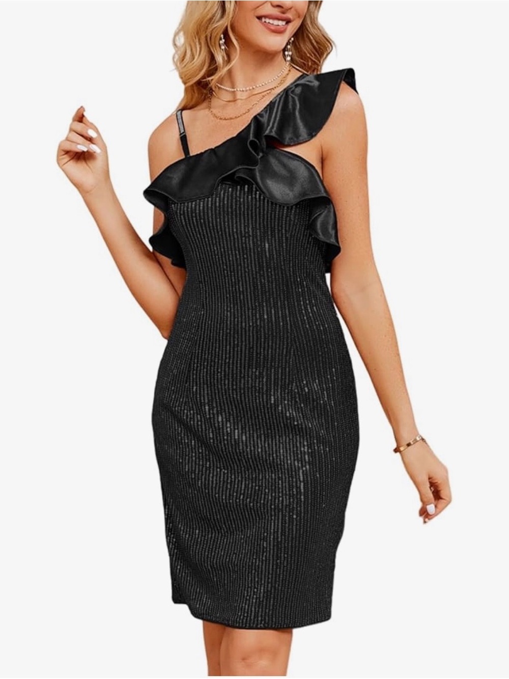 Black Ruffle Sequins One-Shoulder Bodycon Dress